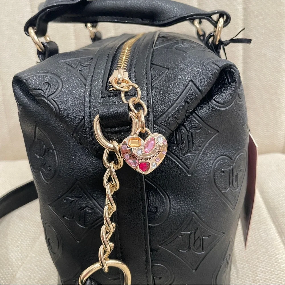 NEW Juicy Couture Black Embossed Monogram Heart Rhinestone Satchel Crossbody Bag